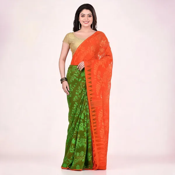 Orange_Green_Cotton_Floral_Dhakai_Jamdani_Saree_For_Women