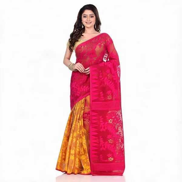 Pink_Yellow_Cotton_Floral_Jamdani_Temple_Border_Saree_For_Women