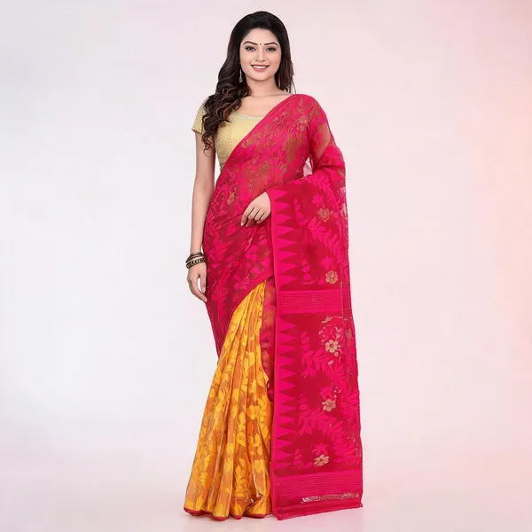 Pink_Yellow_Cotton_Floral_Jamdani_Temple_Border_Saree_For_Women