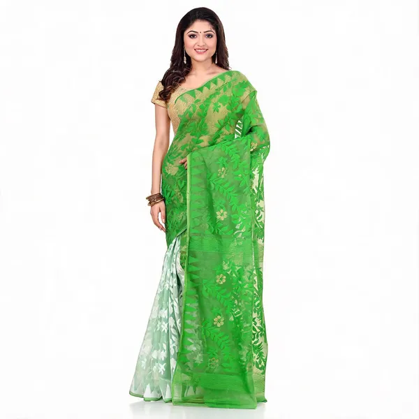 Green_White_Cotton_Floral_Jamdani_Saree_For_Women