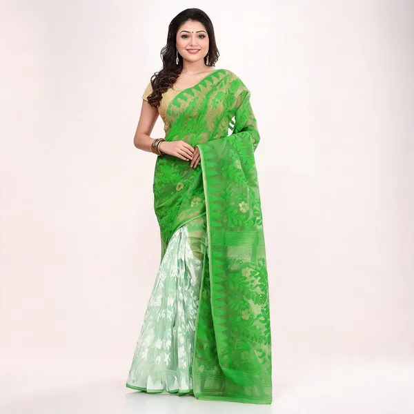 Green_White_Cotton_Floral_Jamdani_Saree_For_Women