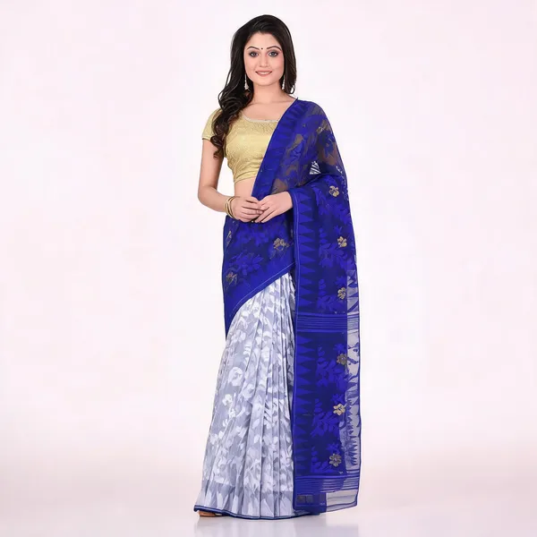 Blue_White_Cotton_Floral_Dhakai_Jamdani_Saree_For_Women