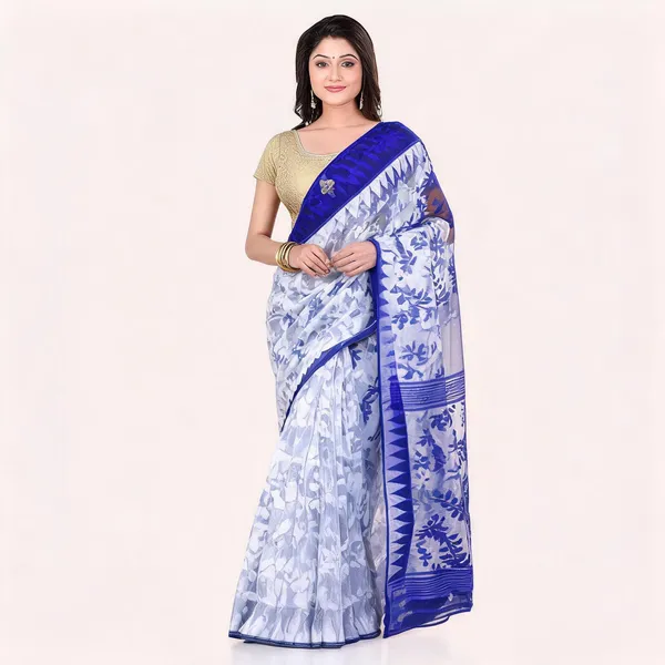 Blue_White_Cotton_Floral_Dhakai_Jamdani_Saree_For_Women