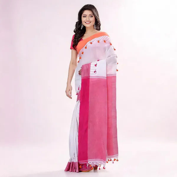 White_Pink_Cotton_Handloom_Pompom_Saree_For_Women