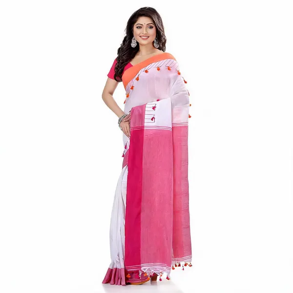 White_Pink_Cotton_Handloom_Pompom_Saree_For_Women