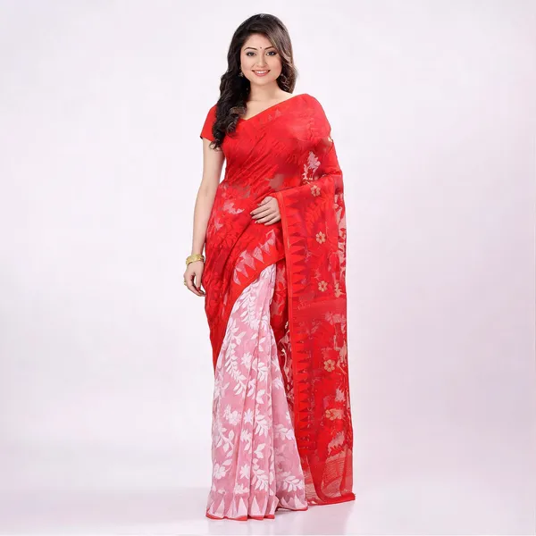 Red_White_Cotton_Floral_Jamdani_Saree_For_Women