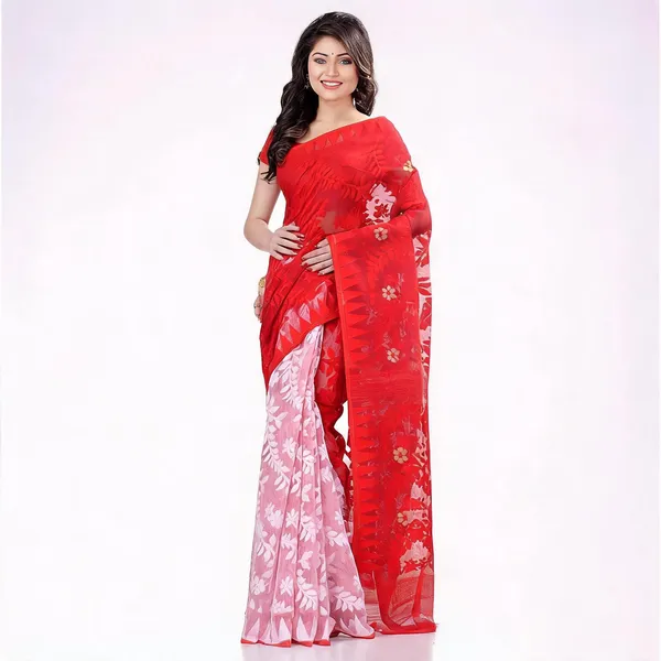 Red_White_Cotton_Floral_Jamdani_Saree_For_Women