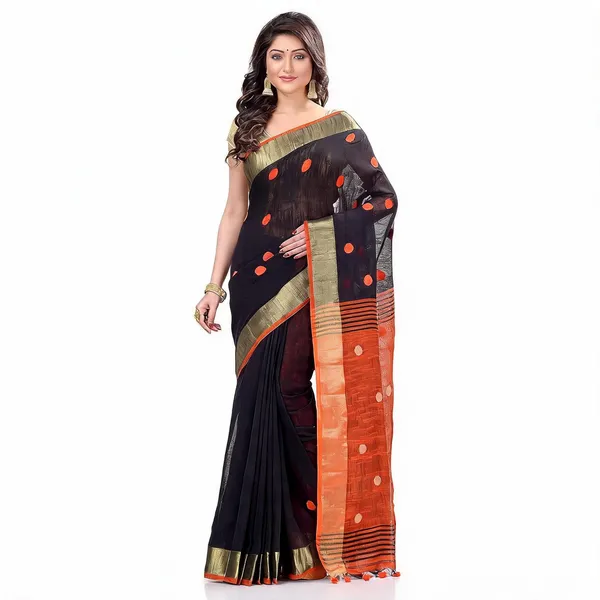 Black_Orange_Cotton_Woven_Solid_Saree_With_Blouse_For_Women