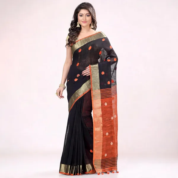 Black_Orange_Cotton_Woven_Solid_Saree_With_Blouse_For_Women