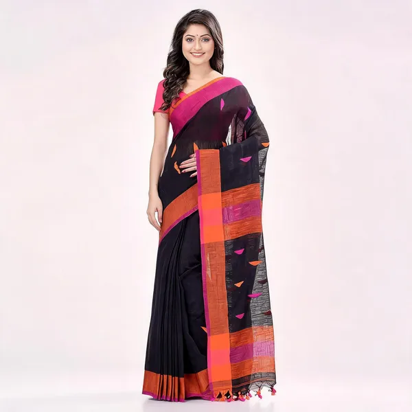 Blue_Orange_Cotton_Handloom_Woven_Saree_With_Blouse_For_Women