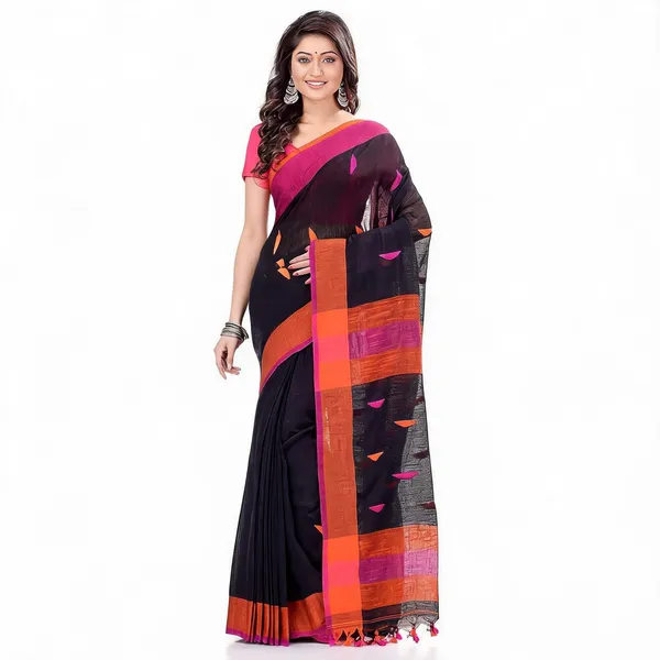 Blue_Orange_Cotton_Handloom_Woven_Saree_With_Blouse_For_Women