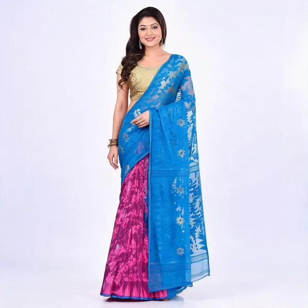 Blue_Pink_Cotton_Floral_Dhakai_Jamdani_Saree_For_Women