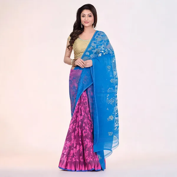 Blue_Pink_Cotton_Floral_Dhakai_Jamdani_Saree_For_Women