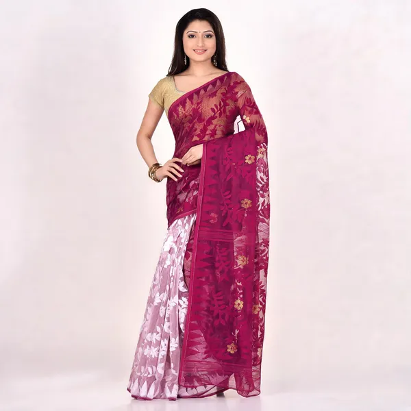 Plum_White_Cotton_Floral_Dhakai_Jamdani_Saree_For_Women