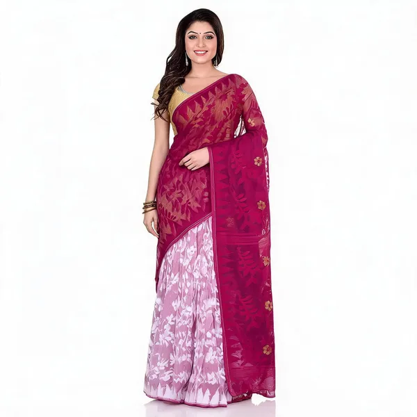 Plum_White_Cotton_Floral_Dhakai_Jamdani_Saree_For_Women