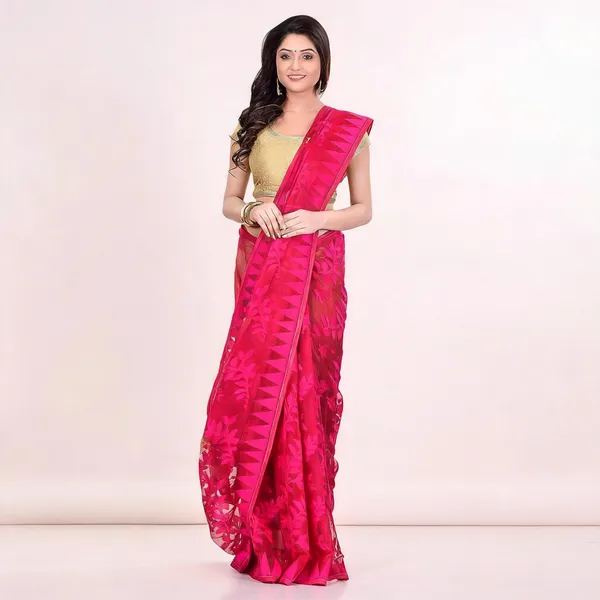 Deep_Pink_Cotton_Floral_Jamdani_Temple_Border_Saree_For_Women