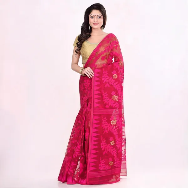Deep_Pink_Cotton_Floral_Jamdani_Temple_Border_Saree_For_Women