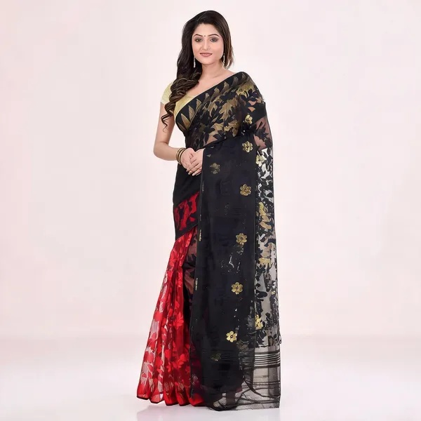 Red_Black_Cotton_Floral_Jamdani_Saree_For_Women