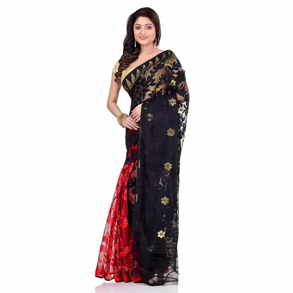 Red_Black_Cotton_Floral_Jamdani_Saree_For_Women
