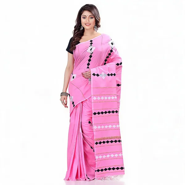 Pink_Cotton_Handloom_Jamdani_Woven_Saree_With_Blouse_Piece_For_Women