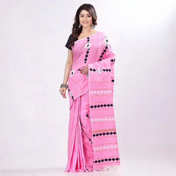 Pink_Cotton_Handloom_Jamdani_Woven_Saree_With_Blouse_Piece_For_Women