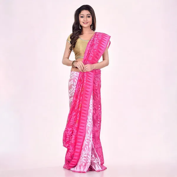 Pink_White_Cotton_Floral_Jamdani_Saree_For_Women