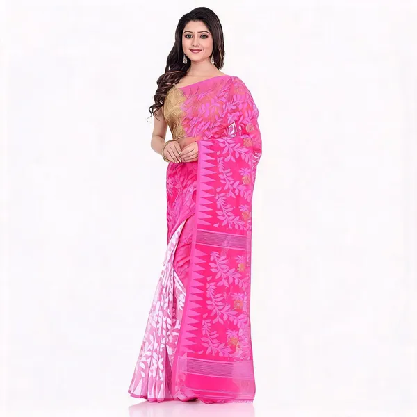 Pink_White_Cotton_Floral_Jamdani_Saree_For_Women