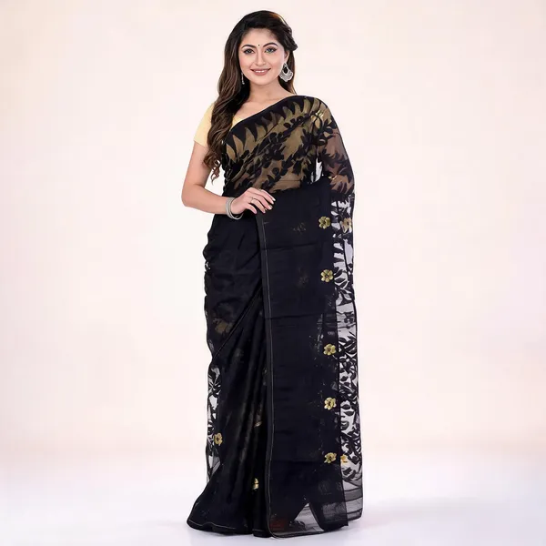 Black_Cotton_Floral_Jamdani_Saree_For_Women