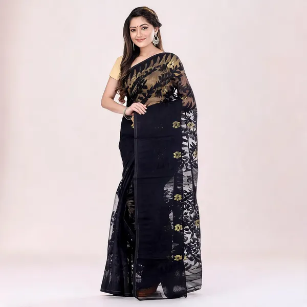 Black_Cotton_Floral_Jamdani_Saree_For_Women