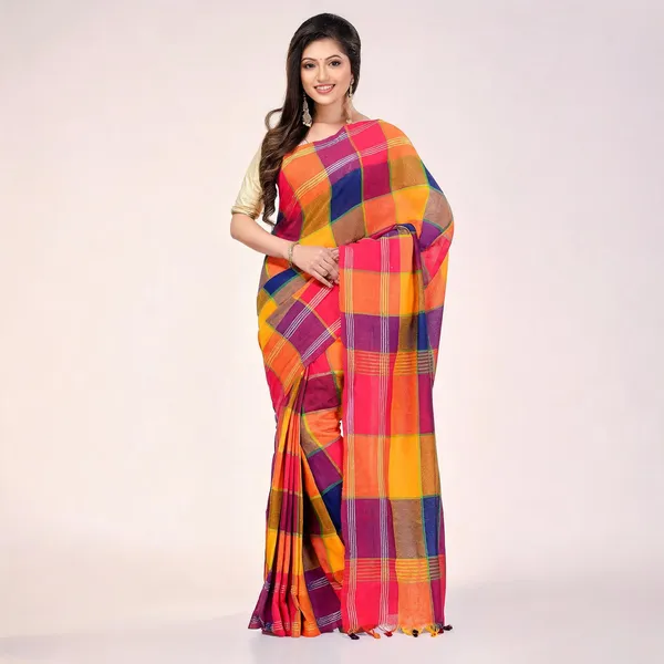 Yellow_Cotton_Handloom_Checkered_Tant_Saree_With_Blouse_Piece_For_Women