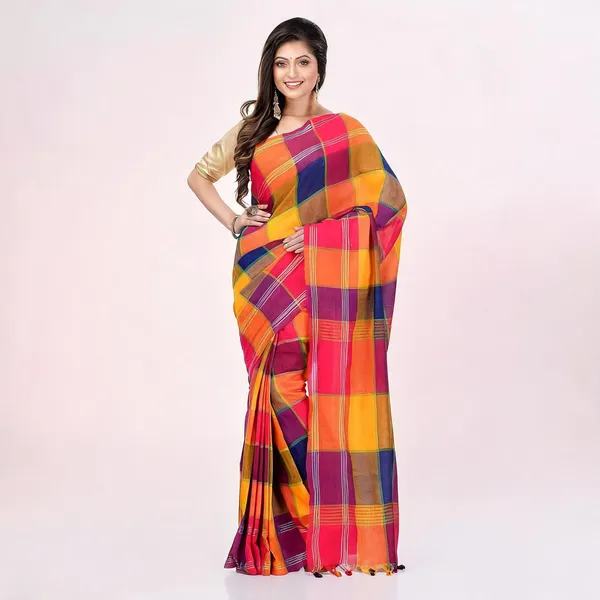 Yellow_Cotton_Handloom_Checkered_Tant_Saree_With_Blouse_Piece_For_Women