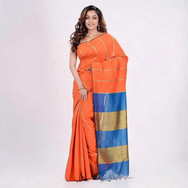 Orange_Khaki_Cotton_Silk_Woven_Saree_With_Blouse_For_Women