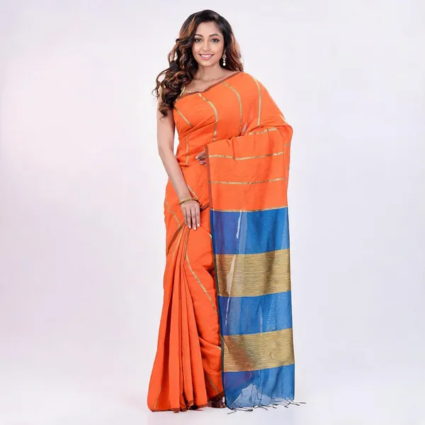 Orange_Khaki_Cotton_Silk_Woven_Saree_With_Blouse_For_Women