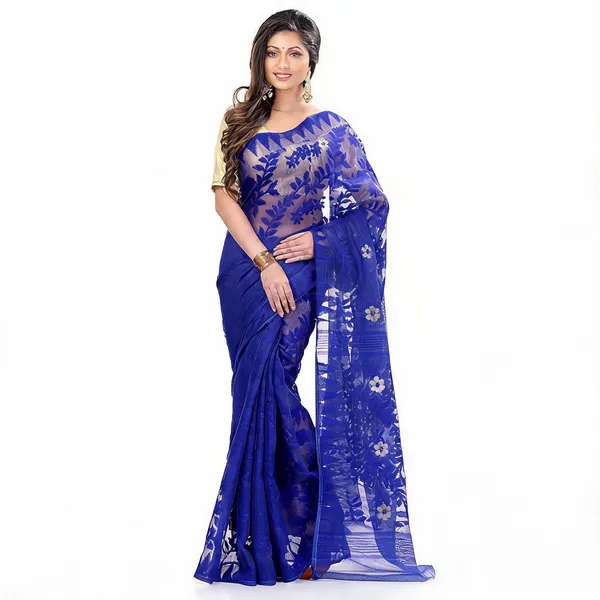 Blue_Cotton_Floral_Dhakai_Jamdani_Saree_For_Women