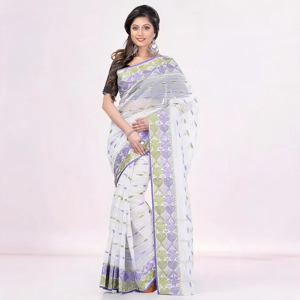White_Cotton_Handloom_Woven_Self_Design_Saree_For_Women