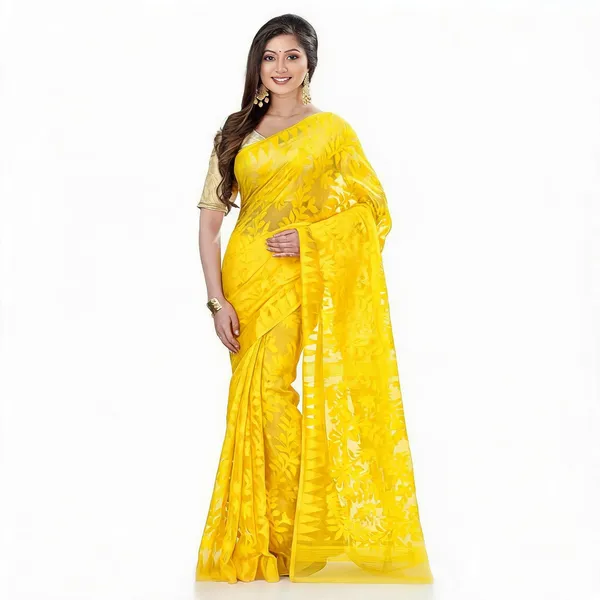 Yellow_Cotton_Floral_Jamdani_Saree_For_Women