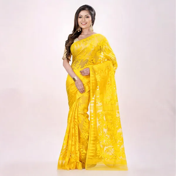 Yellow_Cotton_Floral_Jamdani_Saree_For_Women