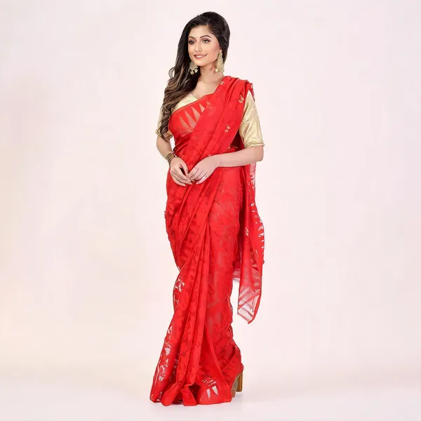 Red_Cotton_Floral_Dhakai_Jamdani_Saree_For_Women