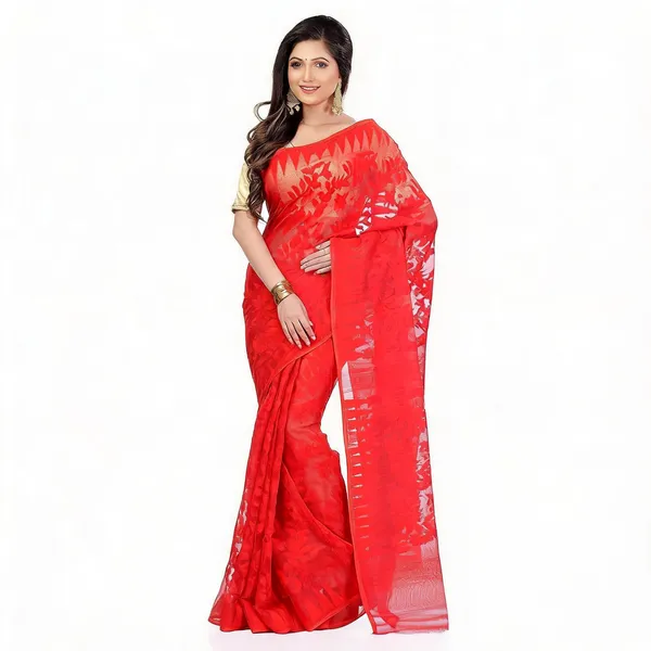 Red_Cotton_Floral_Dhakai_Jamdani_Saree_For_Women