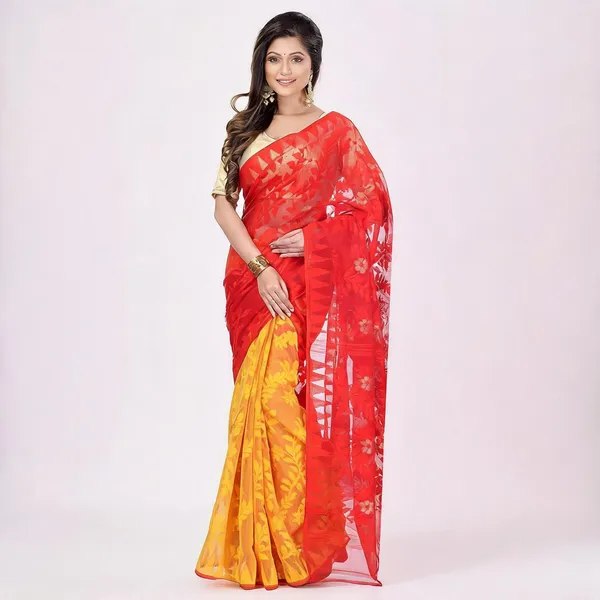 Red_Yellow_Cotton_Floral_Jamdani_Saree_For_Women