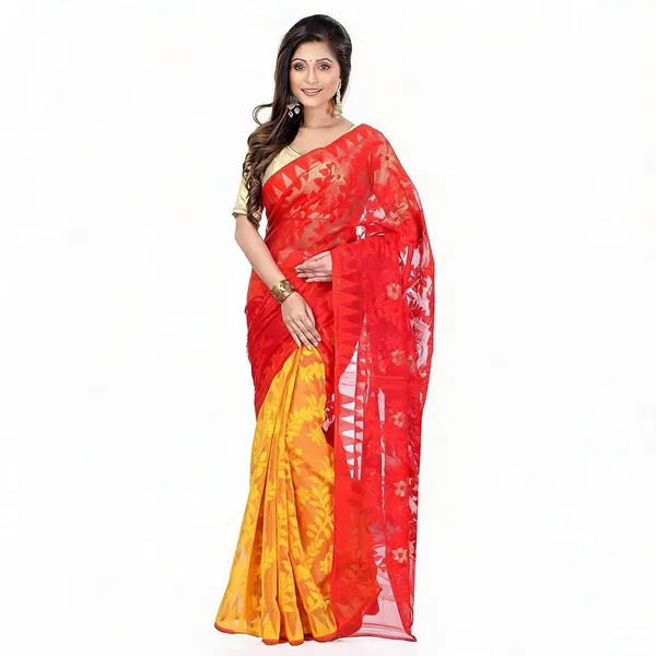Red_Yellow_Cotton_Floral_Jamdani_Saree_For_Women
