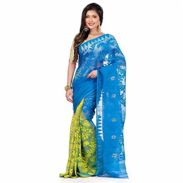 Blue_Yellow_Cotton_Floral_Jamdani_Saree_For_Women
