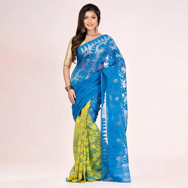 Blue_Yellow_Cotton_Floral_Jamdani_Saree_For_Women