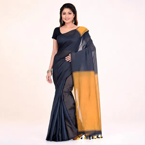 Black_Cotton_Silk_Handloom_Solid_Saree_With_Blouse_For_Women