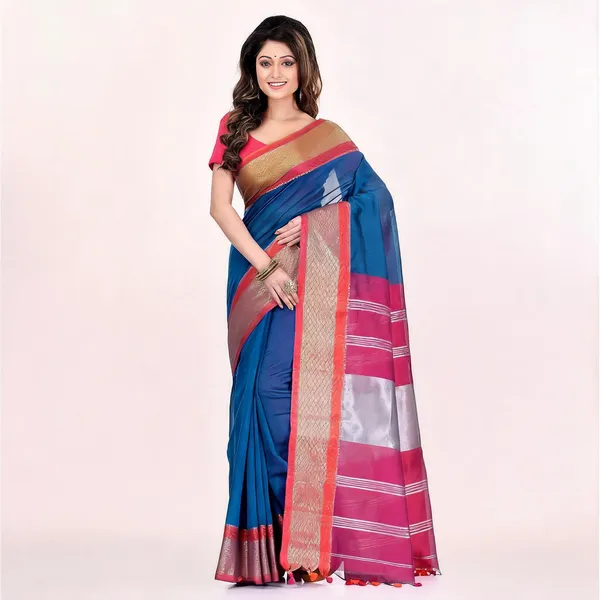 Blue_Pink_Lycra_Floral_Saree_With_Blouse_Piece_For_Women