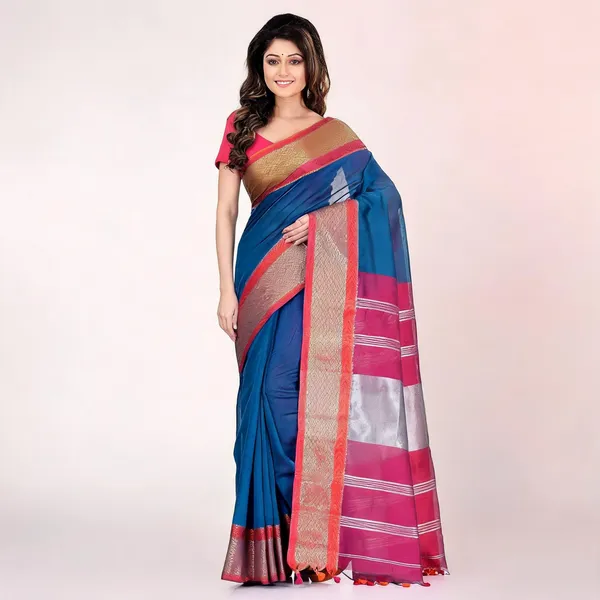 Blue_Pink_Lycra_Floral_Saree_With_Blouse_Piece_For_Women