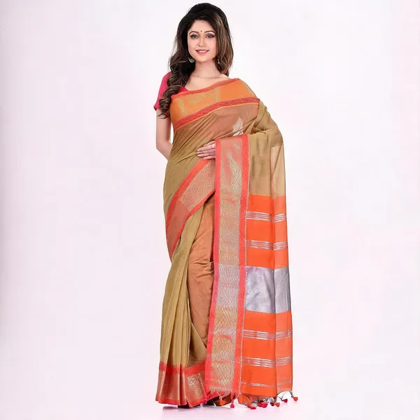Khaki_Orange_Cotton_Silk_Handloom_Zari_Saree_With_Blouse_For_Women