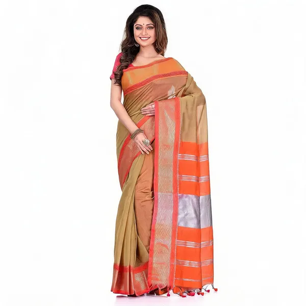 Khaki_Orange_Cotton_Silk_Handloom_Zari_Saree_With_Blouse_For_Women