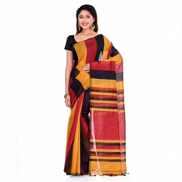 Black_Yellow_Red_Cotton_Silk_Handloom_Saree_With_Blouse_Piece_For_Women
