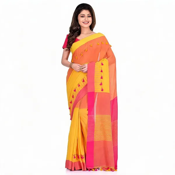 Yellow_Pink_Cotton_Striped_Pompom_Saree_For_Women